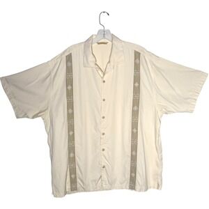 Tommy Bahama Men XXL Silk Button Up‎ Shirt Camp Beige Embroidered FLAW